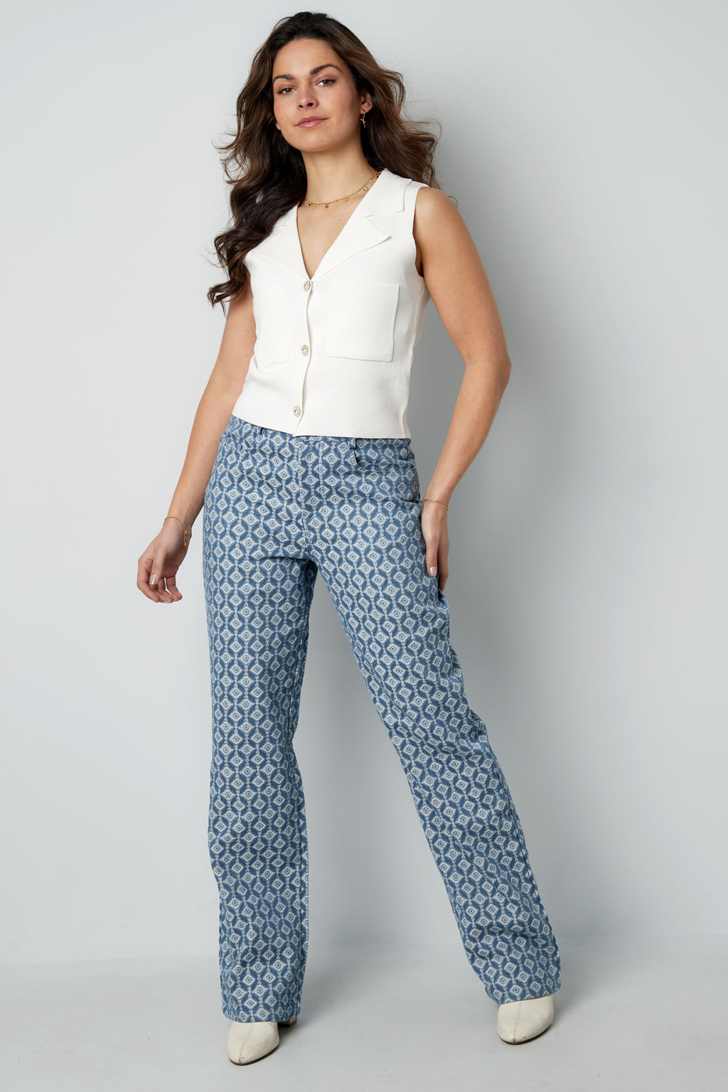 Cotton Woven Women's Straight Leg Pants Geometric Pattern