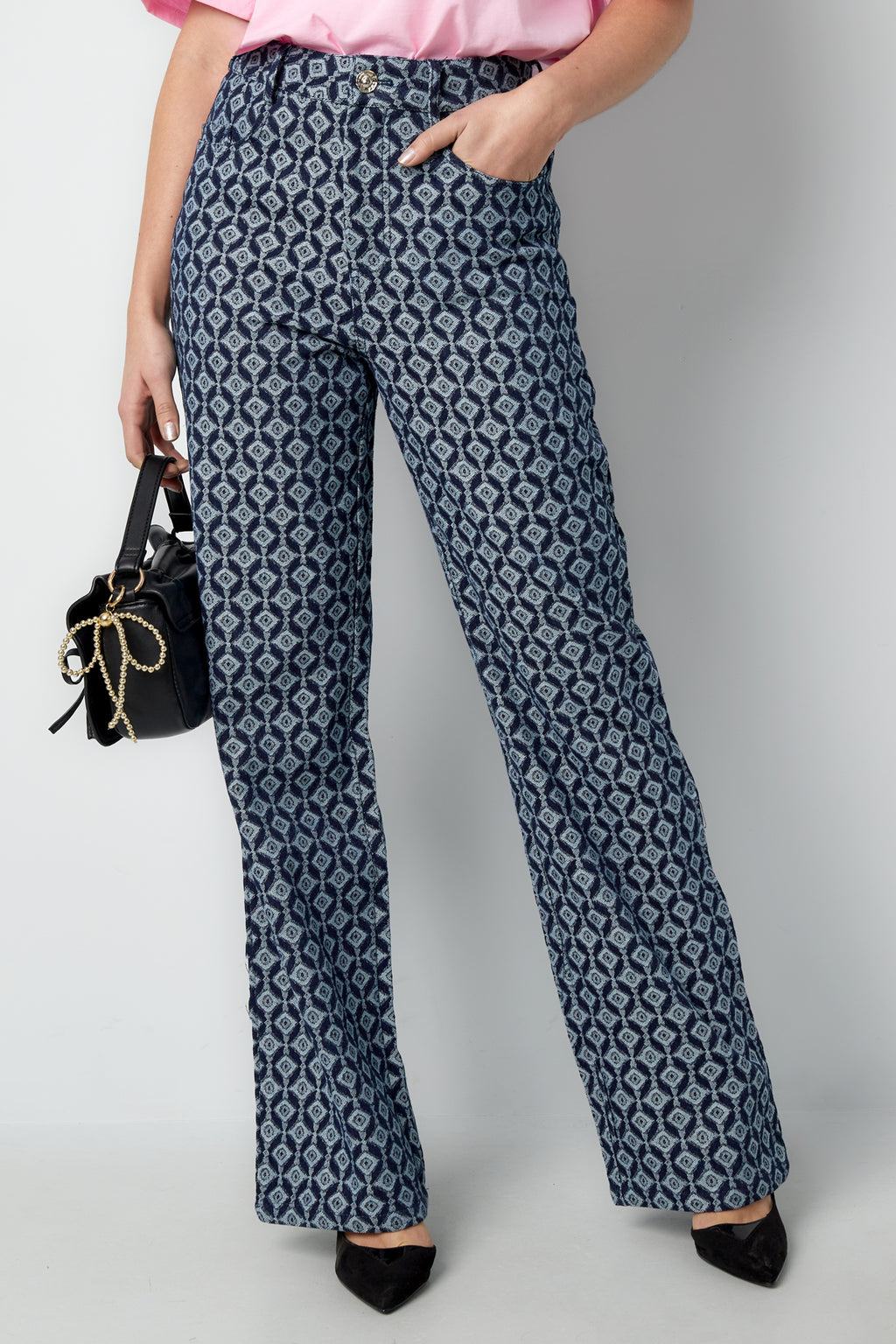 Cotton Woven Women's Straight Leg Pants Geometric Pattern