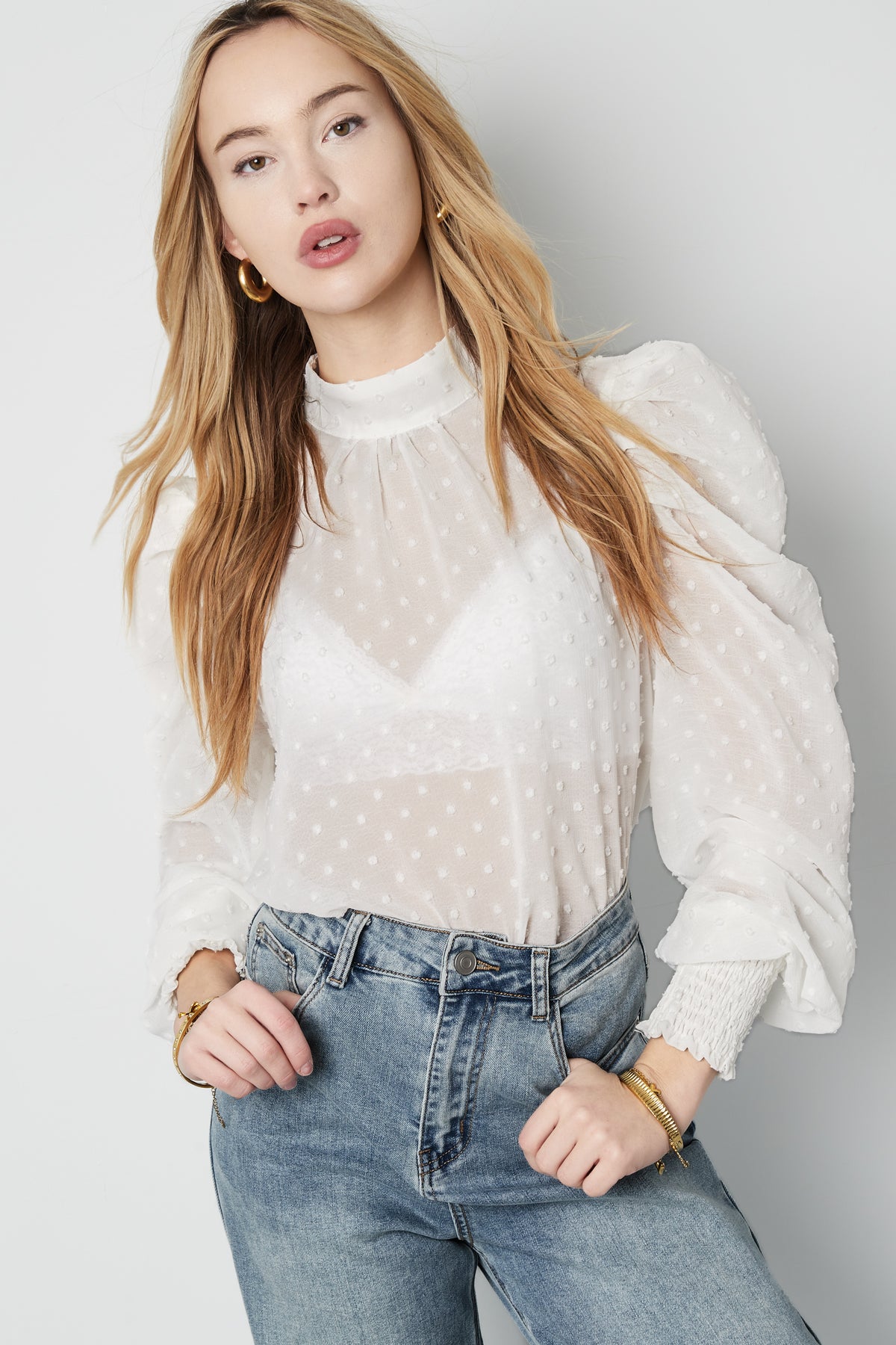 Polyester Women's Long Sleeve Top Puff Sleeve High Neck