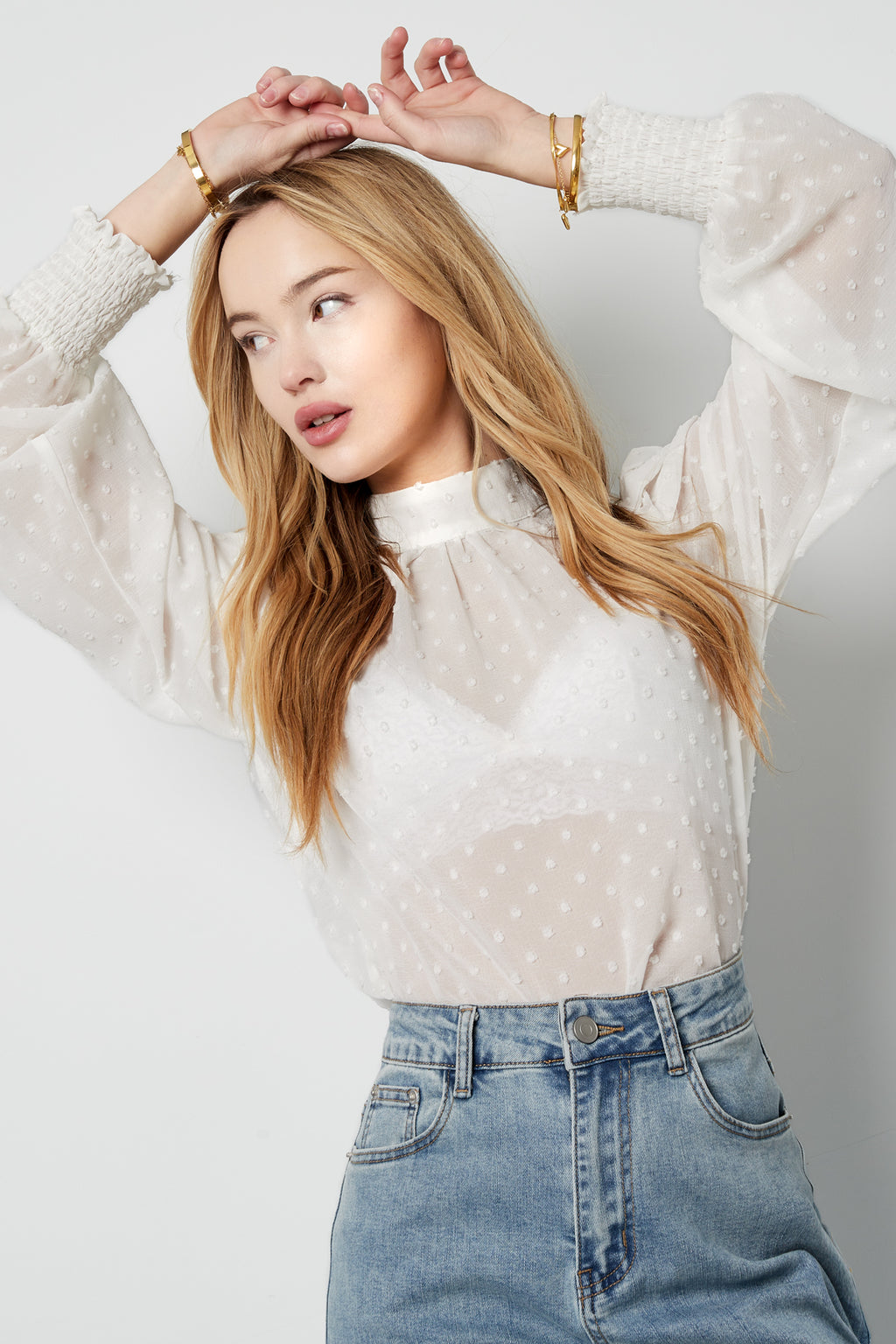Polyester Women's Long Sleeve Top Puff Sleeve High Neck