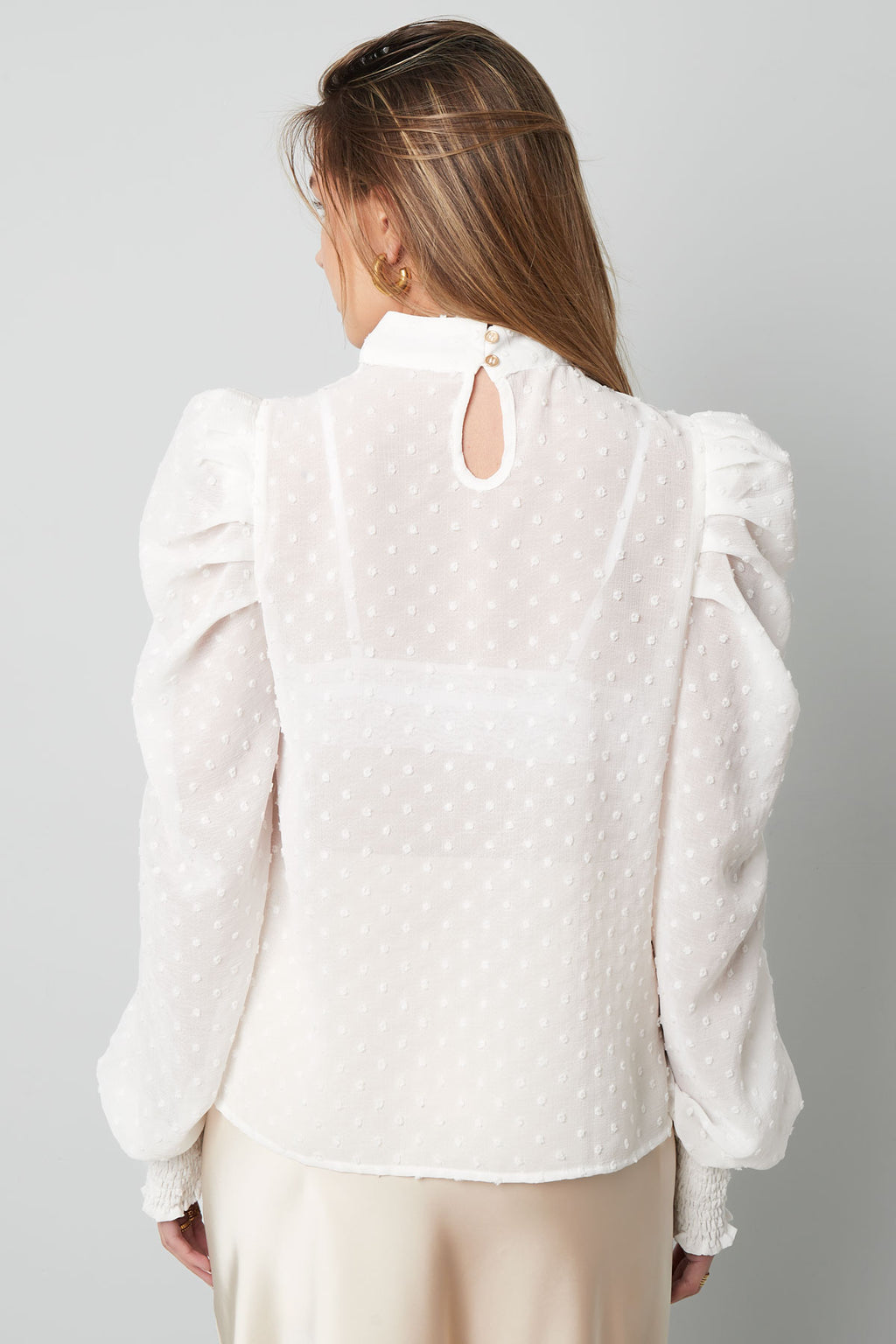 Polyester Women's Long Sleeve Top Puff Sleeve High Neck