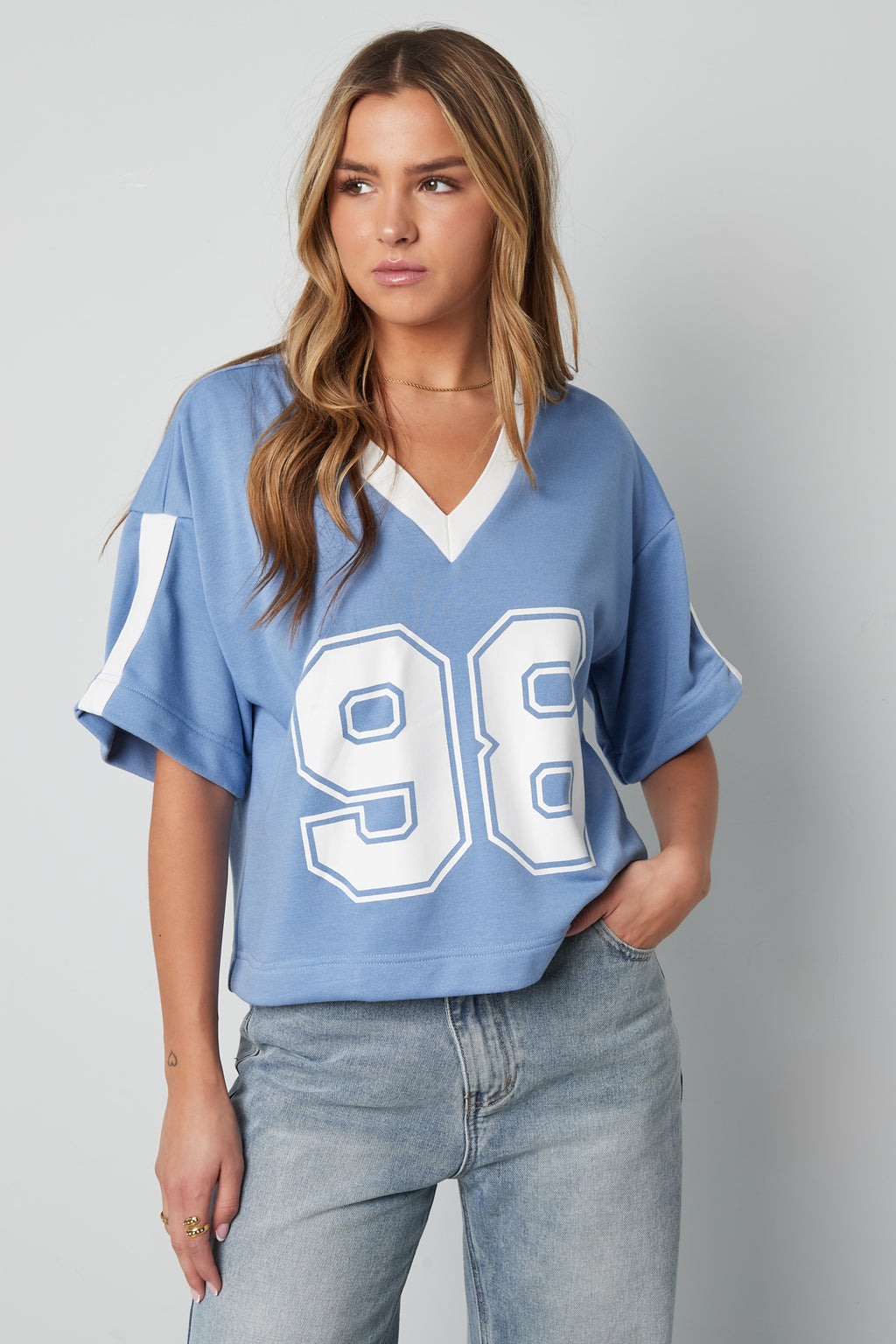 Knitted Cotton Women's V-Neck T-Shirt Sporty Color Clash