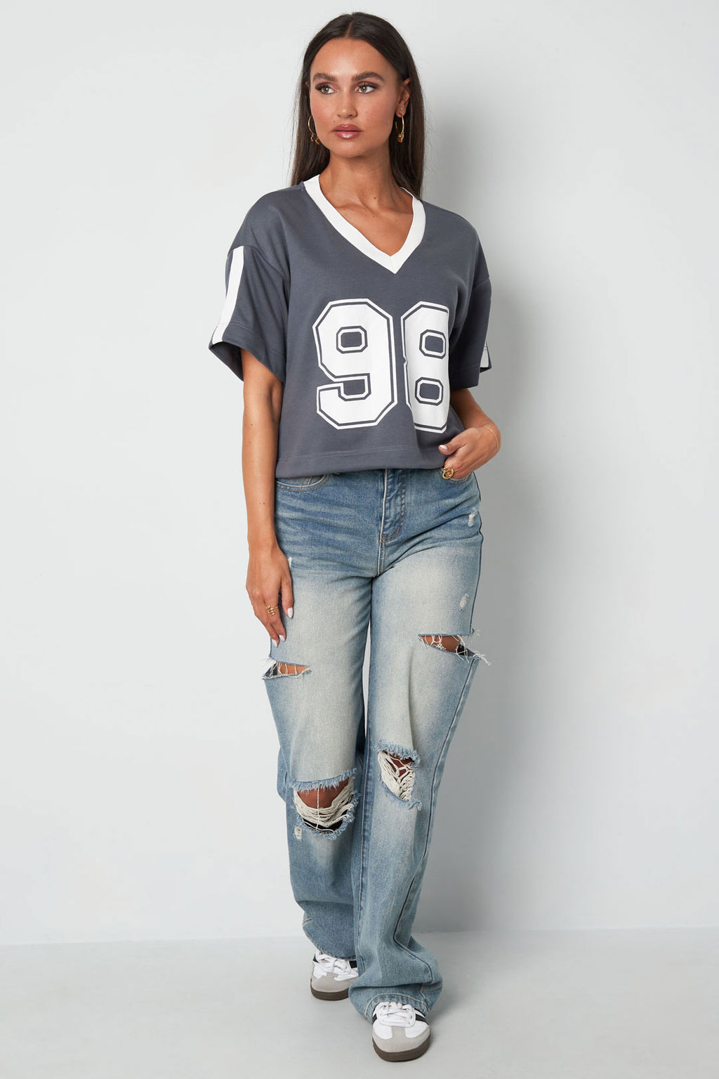 Knitted Cotton Women's V-Neck T-Shirt Sporty Color Clash