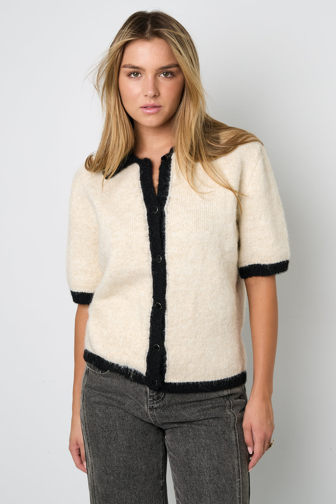 Knitted Polyester Fiber Women's Knit Cardigan Casual Color Clash