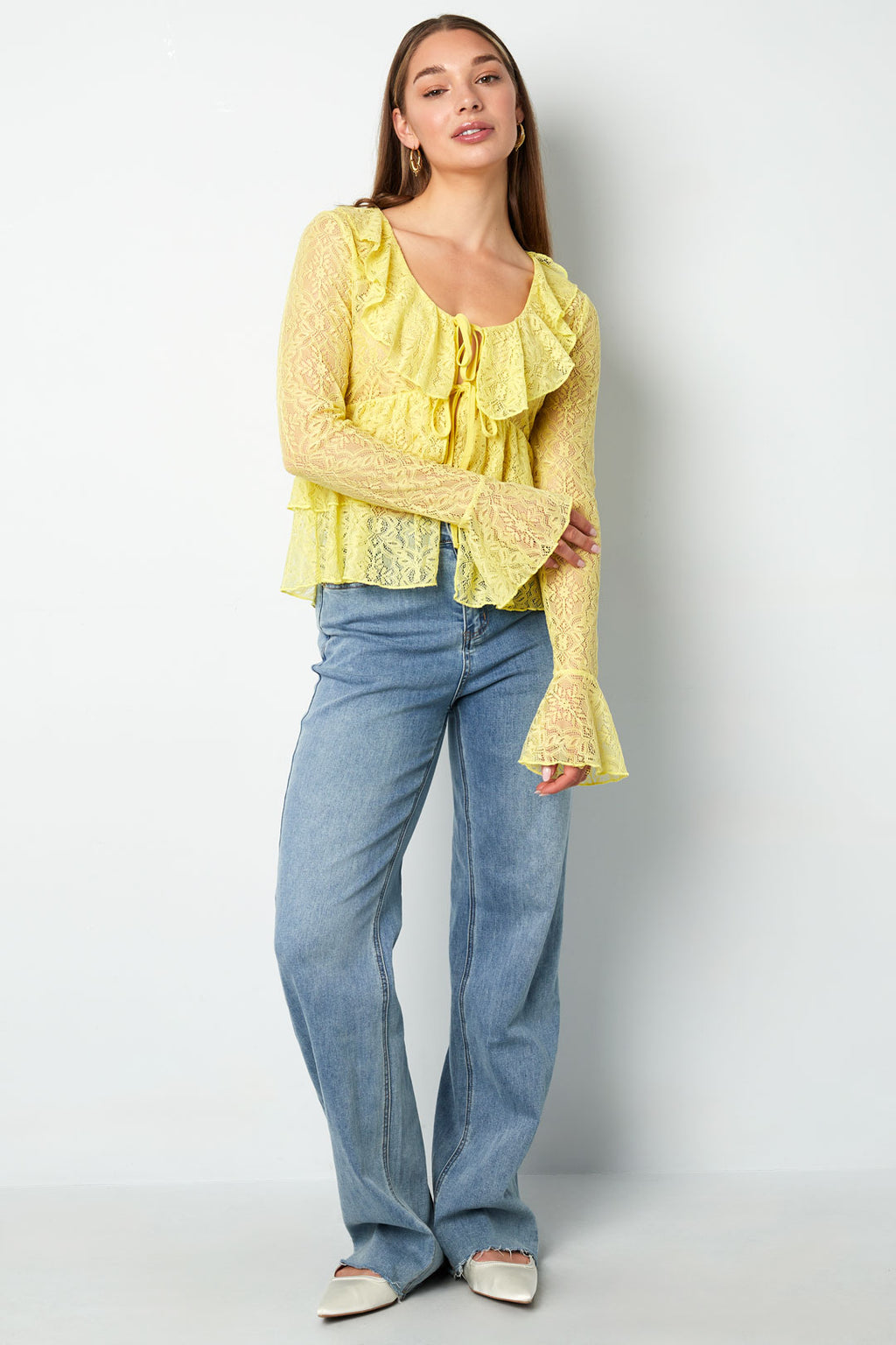 Woven Lace Women's Long Sleeve Top Elegant Ruffle Detail