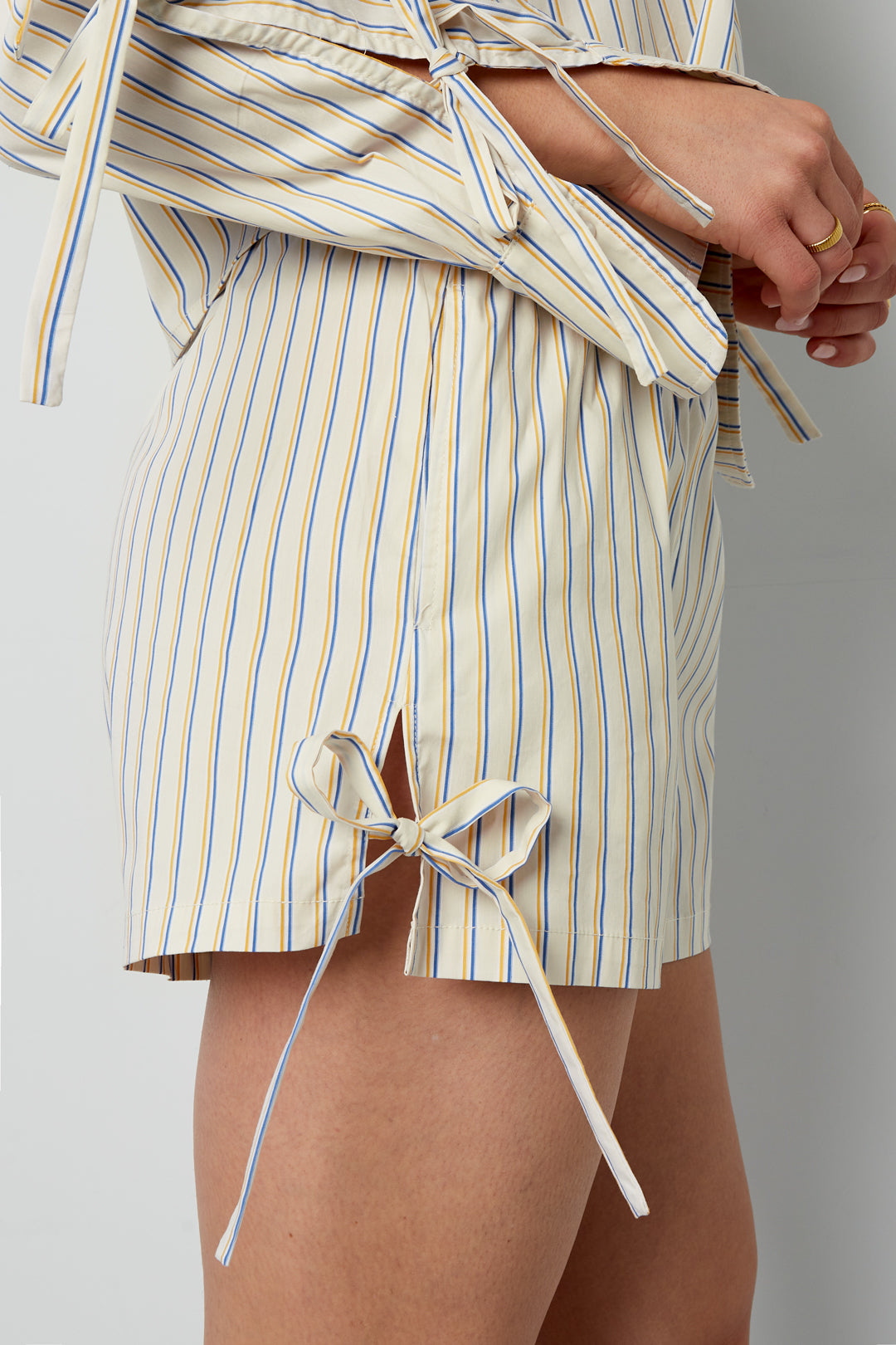 Cotton Woven Women's Shorts Casual Stripes Tie-up
