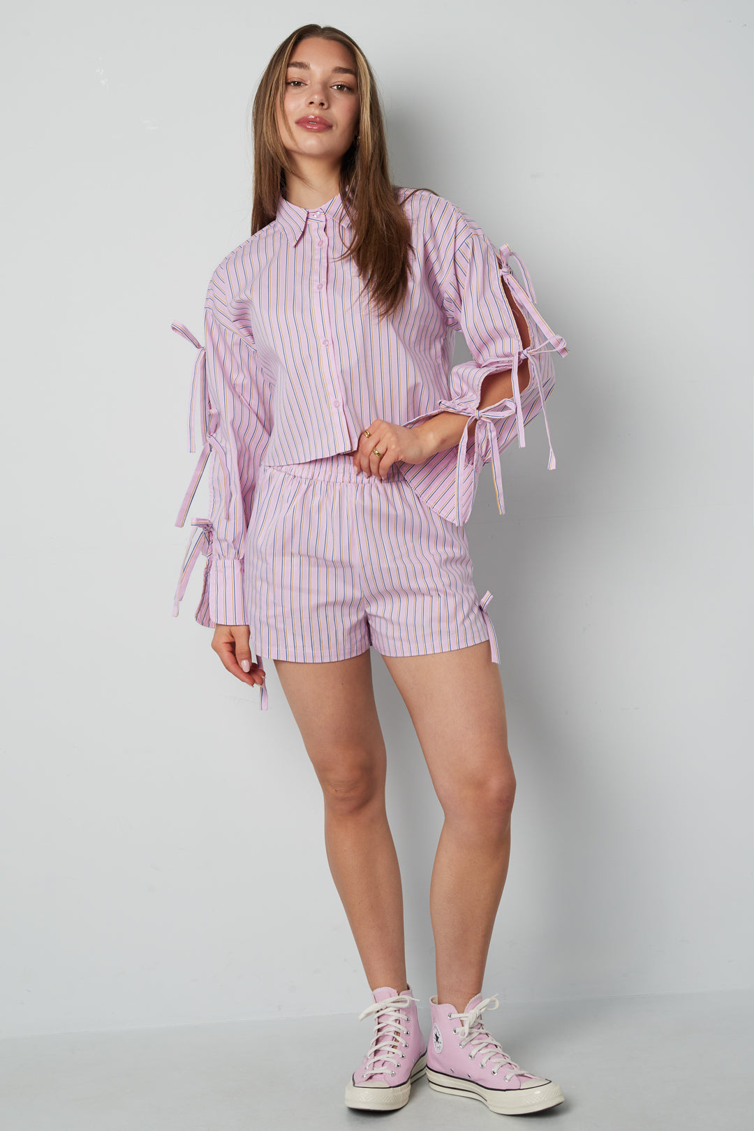 Cotton Woven Women's Shorts Casual Stripes Tie-up