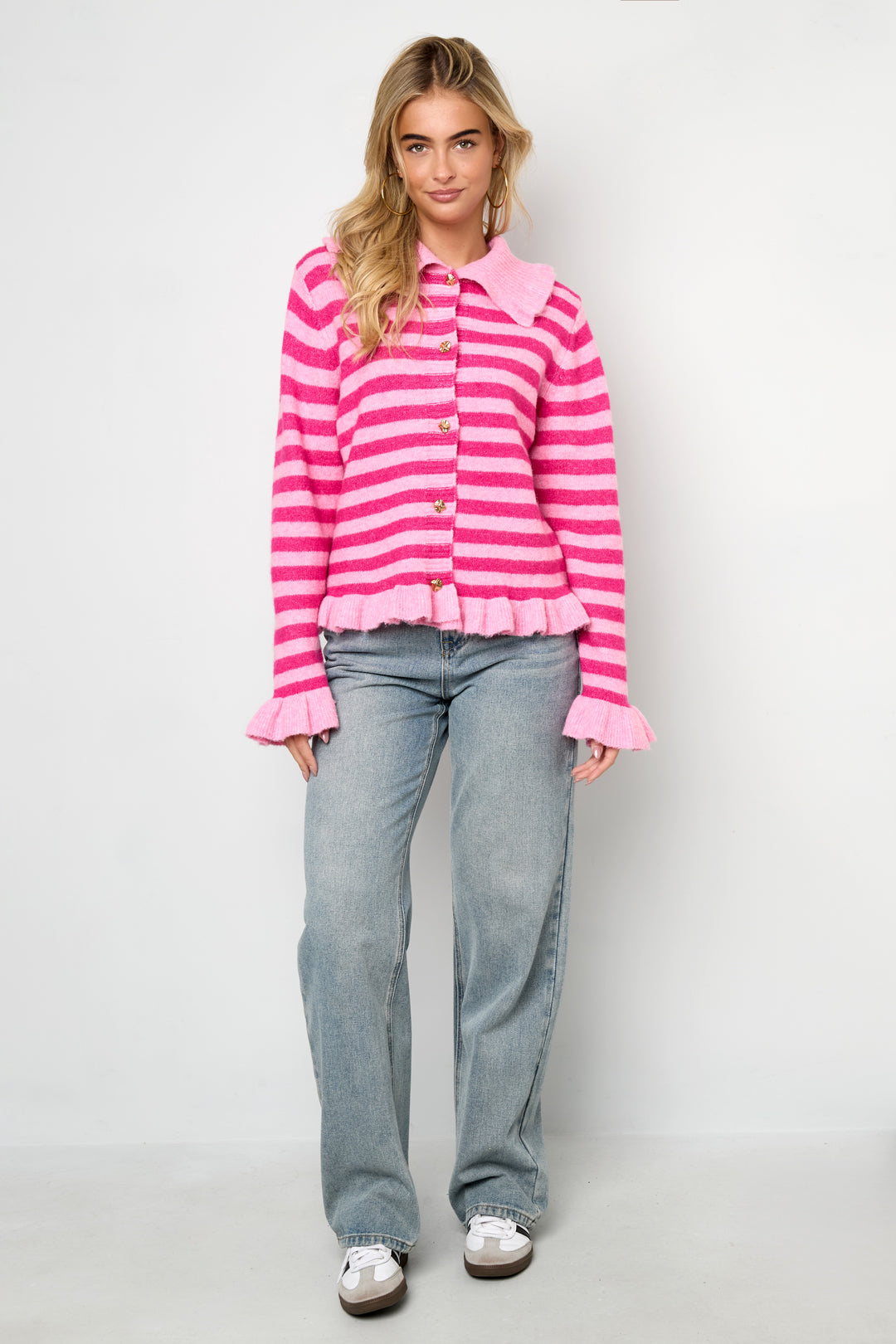 Knitted Polyester Fiber Women's Cardigan Casual Stripes